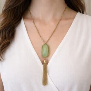 Green Stone Pendant Necklace Gold Tone Tassel Boho Statement 24.5-28"